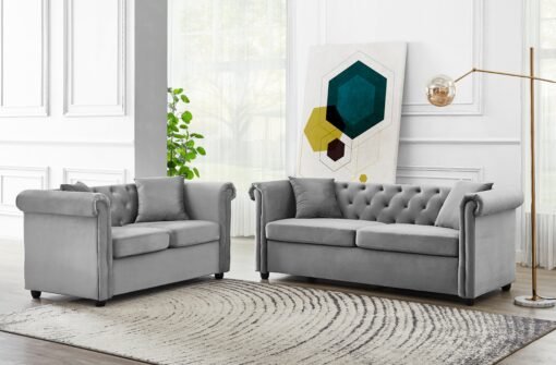 Ascot Chesterfield Fabric 2+3 Seater Sofa, Grey Velvet