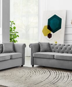 Ascot Chesterfield Fabric 2+3 Seater Sofa, Grey Velvet