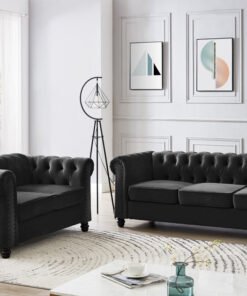 Chesterfield Velvet Fabric 2+3 Seater Sofa Set, Black Velvet