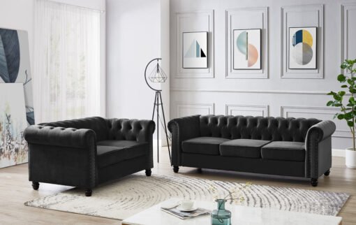 Chesterfield Velvet Fabric 2+3 Seater Sofa Set, Black Velvet