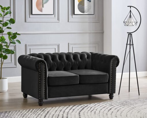 Chesterfield Velvet Fabric 2+3 Seater Sofa Set, Black Velvet - Image 2