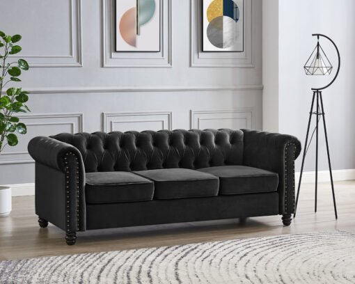 Chesterfield Velvet Fabric 2+3 Seater Sofa Set, Black Velvet - Image 3