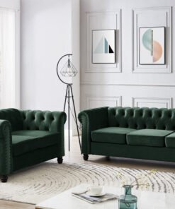 Chesterfield Velvet Fabric 2+3 Seater Sofa Set, Green Velvet