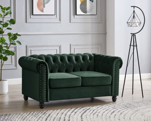 Chesterfield Velvet Fabric 2+3 Seater Sofa Set, Green Velvet - Image 2
