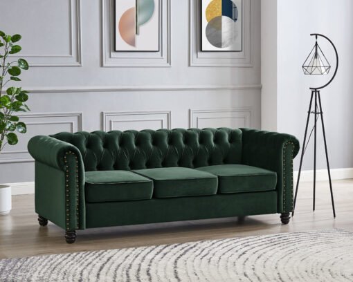 Chesterfield Velvet Fabric 2+3 Seater Sofa Set, Green Velvet - Image 3