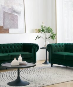 Chesterfield Pleat Velvet Fabric 2+3 Seater Sofa Set, Green Velvet