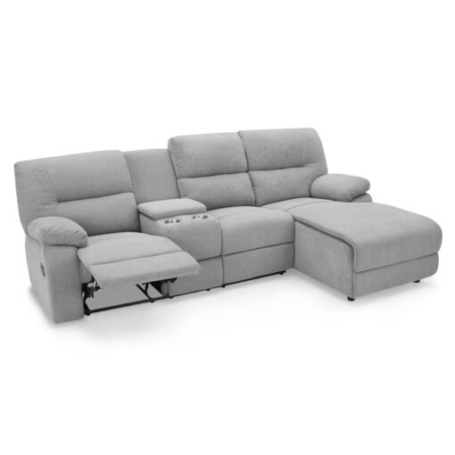 Jacob 3 Seater Manual Recliner Sofa With Right Hand Chaise and Centre Console, Light Grey Linen Fabric - Image 2