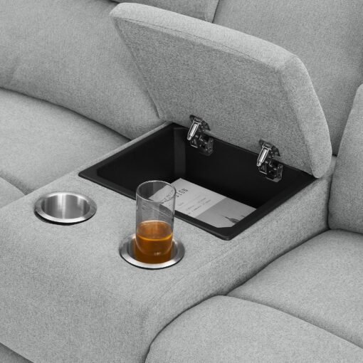 Jacob 3 Seater Manual Recliner Sofa With Right Hand Chaise and Centre Console, Light Grey Linen Fabric - Image 9