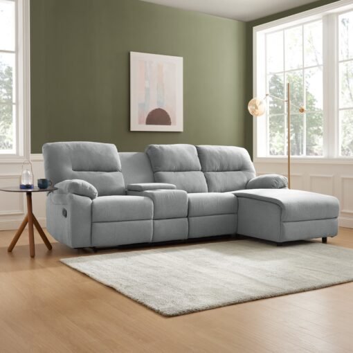 Jacob 3 Seater Manual Recliner Sofa With Right Hand Chaise and Centre Console, Light Grey Linen Fabric - Image 3