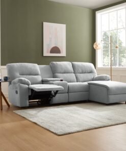 Jacob 3 Seater Manual Recliner Sofa With Right Hand Chaise and Centre Console, Light Grey Linen Fabric