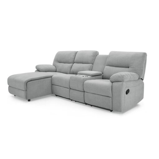 Jacob 3 Seater Manual Recliner Sofa With Left Hand Chaise and Centre Console, Light Grey Linen Fabric - Image 4