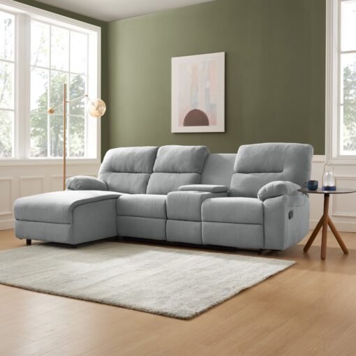 Jacob 3 Seater Manual Recliner Sofa With Left Hand Chaise and Centre Console, Light Grey Linen Fabric - Image 3