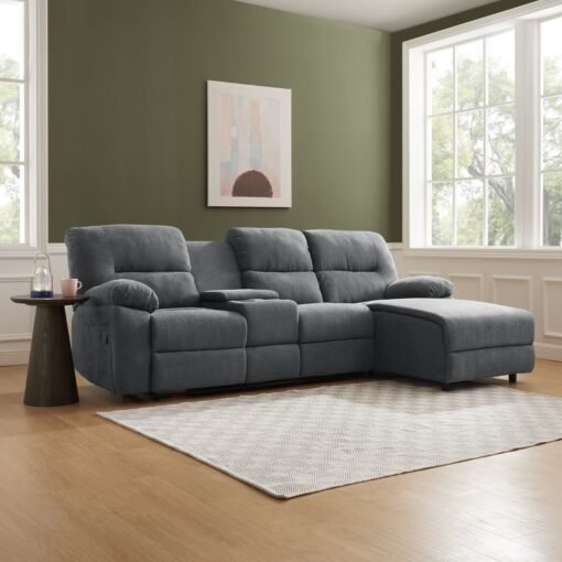 Jacob 3 Seater Manual Recliner Sofa With Right Hand Chaise and Centre Console, Dark Grey Linen Fabric - Image 3