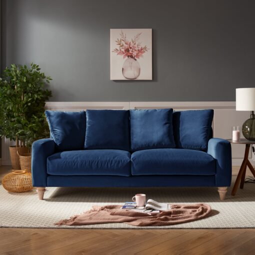 Covent 3 Seater Sofa With Scatter Back Cushions, Luxury Navy Blue Velvet